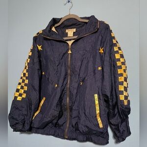Navy Euro Joy Vintage Windbreaker Jacket with Gold Star & Checker Details Medium